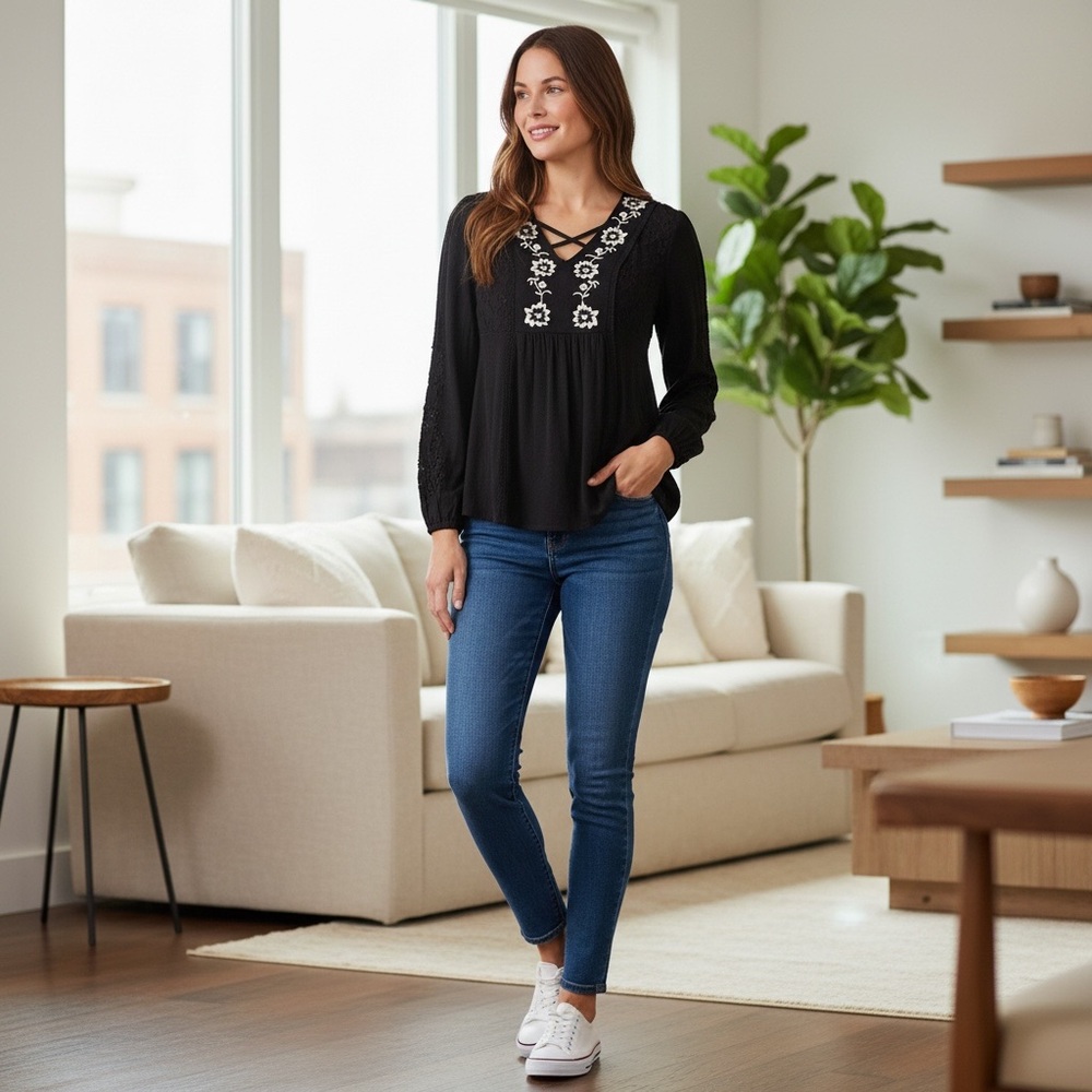 Knox Rose // Embroidered Floral // Black Women's Top
